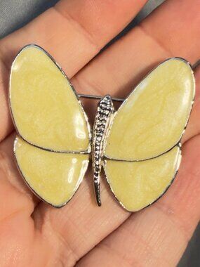 Vintage Butterfly Brooch Yellow Enamel Marbled Wings Silver Tone